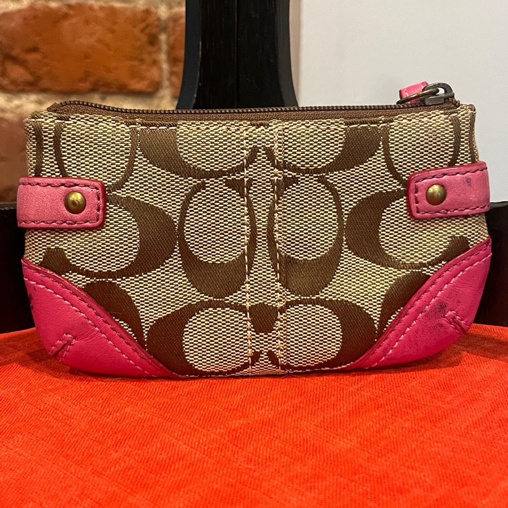 Coach Signature Canvas Wristlet Wallet – Pink Leather Trim Buckle Accent Pouch - Picture 2 of 13